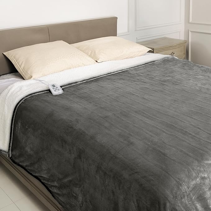 SUNVIVI Electric Heated Blanket, 84" x 62" Twin Size Electric Blanket with 10 Heating Levels and 12 Hours Auto-Off, Soft Flannel and Sherp Blanket with ETL & FCC Certification, Grey
