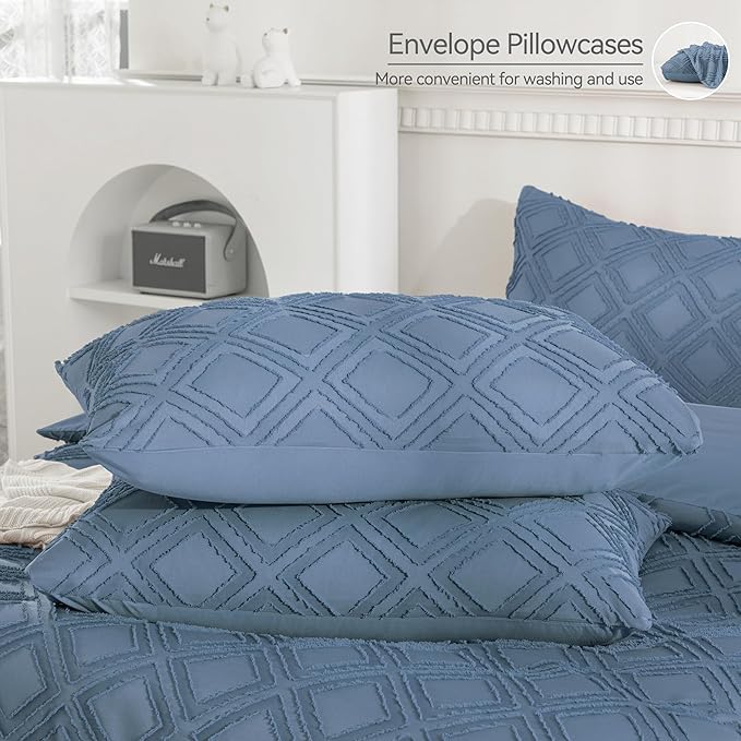 JELLYMONI Duvet Cover Full Size Blue - 3PCS Boho Duvet Cover Set Plaid Polyester Tufted Bohemian Jacquard Knit Textured Comforter Cover 80×90in Rhombic Geometric Pattern Corner Tie & Zipper