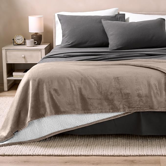 Bare Home Sherpa Fleece Blanket - Twin/Twin Extra Long - Blanket for Bed, Sofa, and Couch - Warm & Lightweight - Fluffy & Soft - Reversible (Twin/Twin XL, Taupe)
