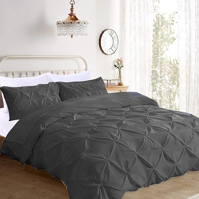 Pinch Pleated Duvet Cover Set 100% Brushed Microfiber 3PC Super King Size 98x108 Duvet Cover Set, Decorative Pinch Design Dark Grey Duvet Cover with Matching Pillow Case