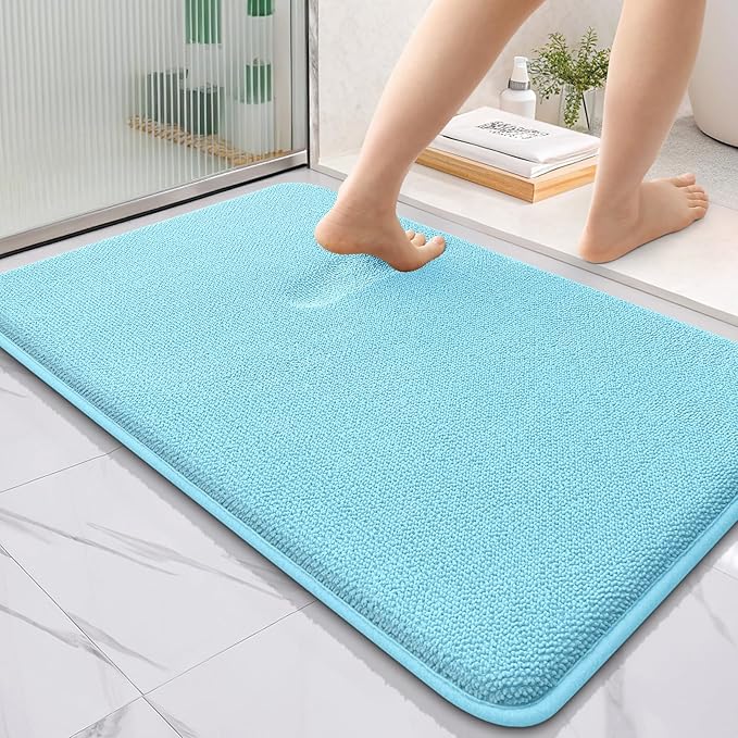 OLANLY Thick Memory Foam Bath Mat Rug 36x24, Extra Soft Absorbent Bathroom Rug, Quick Dry Bath Mats, Non-Slip, Machine Washable Carpet for Bathroom, Tub and Shower, Home Decor Accessories, Sky Blue