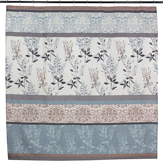 Serafina Home Hotel Quality Fabric Bathroom Shower Curtain: Farmhouse Floral Bordered Damask - Light Blue, Beige, and Grey (72 x 70 inches)