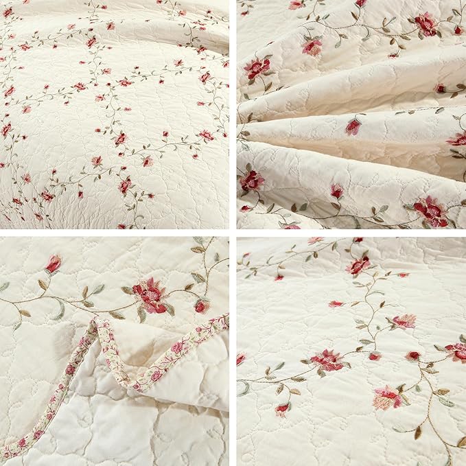 vctops 3-Piece Floral Embroidered Bedspread Coverlet Set 100% Cotton Reversible Patchwork 1 Quilt and 2 Pillow Shams Full/Queen, Flower