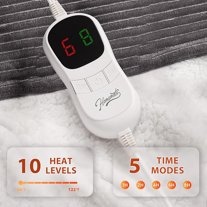 Homemate Electric Heated Blanket Full Size - 72"x84" Heating Blanket Full Size 1/2/4/6/8 Hours Auto-Off 10 Heat Level Over-Heat Protection Soft Flannel Sherpa ETL Certification