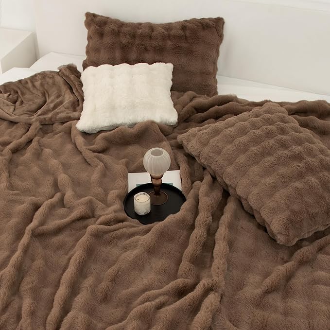 Faux Rabbit Fur Bubble Electric Blanket Queen Camel - Fluffy Thick Heated Blanket with Dual Control, 6 Heating Levels & 10 Timer Settings, Overheat Protection, Room Home Decor (84" x 90")