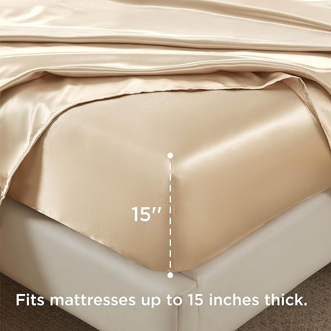 Bedsure Satin Sheets Full Size - 4 Piece Silky Bedsheets with 15 Inches Deep Pocket Fitted Bedsheet,1 Flat Sheet, 2 Satin Pillowcases, Good for Hair & Skin (Full, Champagne)