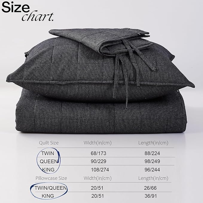 Midnight Pinstripe Quilts Queen Size, Cotton Queen Quilt Set Stone Washed with Black Stripe Bedding Coverlet Light Weight 3-Pieces with 2 Pillow Shams