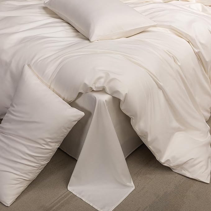 MooMee Duvet Cover Set 100% Extra Long Staple Cotton 600 Thread Count Silky Sateen Smooth Luxury Soft Breathable Durable Hotel Quality Bedding, 3 Piecess (Creamy White, Oversized King 120"x98")