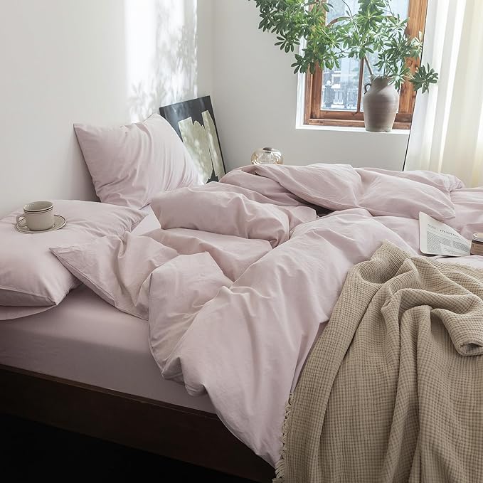 FOSSA Duvet Cover Set 100% Washed Cotton Linen Feel Super Soft Breathable Cozy 3 Pieces Bedding Sets Solid Greyish Pink King