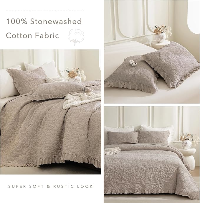 QSH 3PCs Stonewashed Cotton Quilt Queen Size (90"x98"),Linen Feel Ruffled Quilt Set,Ultra Soft Lightweight Crinkled Bedspread Coverlet Queen Shabby Farmhouse Chic Bedspreads Set with Pillow Shams