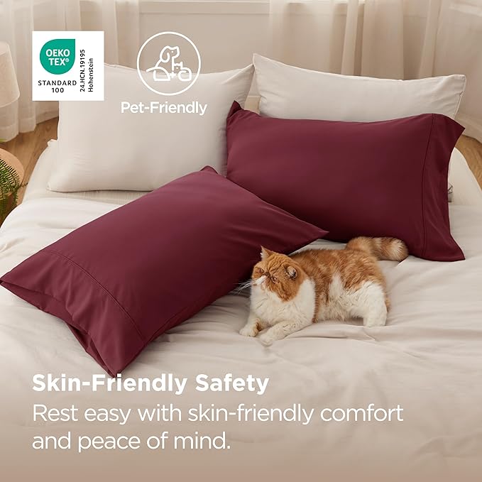 Bedsure Pillow Cases Standard Size Set of 2 - Burgundy Brushed Microfiber Pillowcases, Super Soft and Cozy Pillow Case Covers with Envelope Closure, Wrinkle, Fade and Stain Resistant, 20x26 Inches