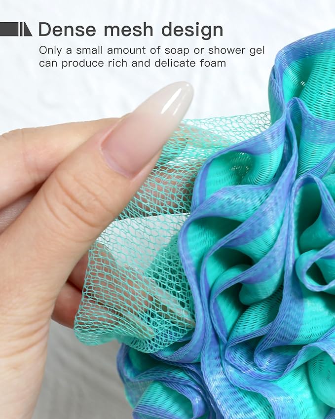 Large Bath Sponge Pouf 70g, 6.3 Inch Exfoliating Shower Loofah, Soft Durable PE Mesh with Reinforced Knotting, Rich Lather Body Wash Scrubber, 4-Pack Elegant Colors Gift Set（A-4Pcak）