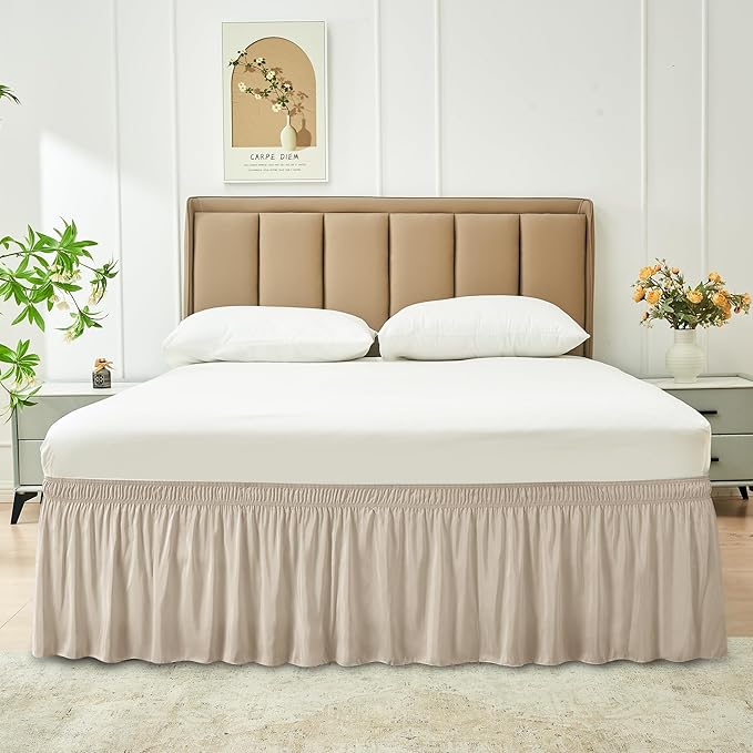 Biscaynebay Wrap Around Bed Skirts for Full & Full XL Beds 16" Drop, Light Camel Adjustable Elastic Dust Ruffles Easy Fit Wrinkle & Fade Resistant Silky Luxurious Fabric Solid Machine Washable