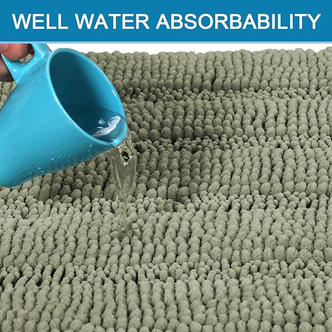 H.VERSAILTEX Bathroom Rug Sets 2 Piece Bath Mats Non Slip Thick Soft Chenille Striped Bath Rug achine Washable Shower Floor Rugs for Tub, Shower and Floor (Eucalyptus Green, 47"x17" Plus 20"x20" U)