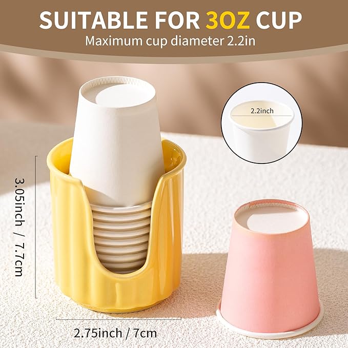 TANEW Ceramic Bathroom Cup Dispenser with Stylish Vertical Stripes - Dixiee Cup Dispenser & Mouthwash Cup Holder Holds 3oz Paper Cups for Rinsing Cups on Bathroom Vanity Countertops Glossy Yellow