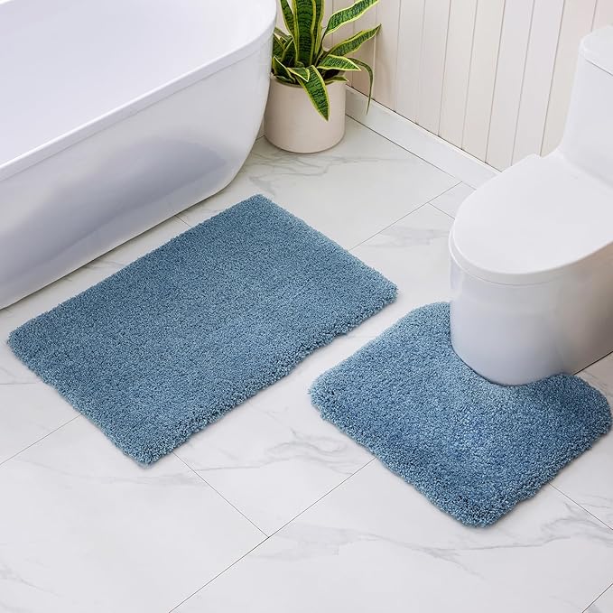 Blue Toilet Rug 22x24 Non Slip Fluffy Toilet Floor Mat U Shaped Washable Bathroom Contour Rug for Toilet Absorbent Thick Toilet Carpet