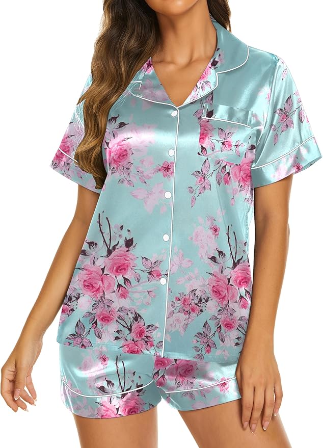 Ekouaer Pajamas for Women Set Silk Satin Pjs Shorts Sleepwear 2 Piece Loungewear S-XXL