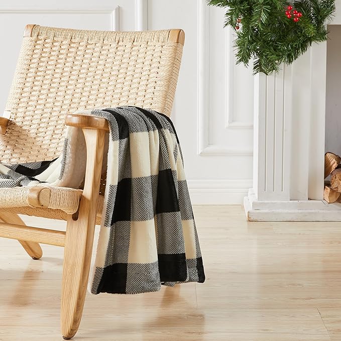 Fleece/Sherpa Throw Blanket - Super Soft Printed Blanket for Couch, Chair, or Bed - Cozy, Luxurious Plush Throw Blanket - Throw 50" x 60", Black/White Buff Check