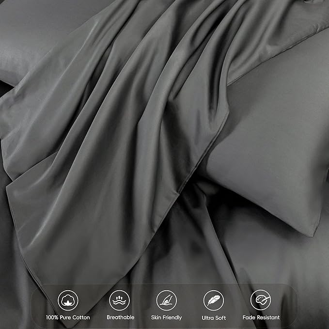 MooMee Duvet Cover Set 100% Extra Long Staple Cotton 600 Thread Count Silky Sateen Smooth Luxury Soft Breathable Durable Hotel Quality Bedding, 3 Pieces (Dark Gray, Super Queen 90"x98")