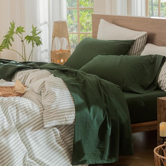 MooMee Bedding Sheet Set 100% Washed Cotton Linen Like Textured Breathable Durable Soft Comfy (Solid Forest Green, Twin)