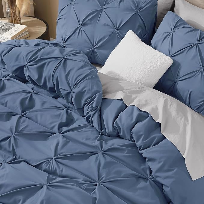 Litanika Ocean Blue Oversized King Pinch Pleat Duvet Cover, 3 Pieces Pintuck Cover Soft Microfiber Bedding Set with Zipper Closure & Corner Ties(1 Duvet Cover, 2 Pillowcases)