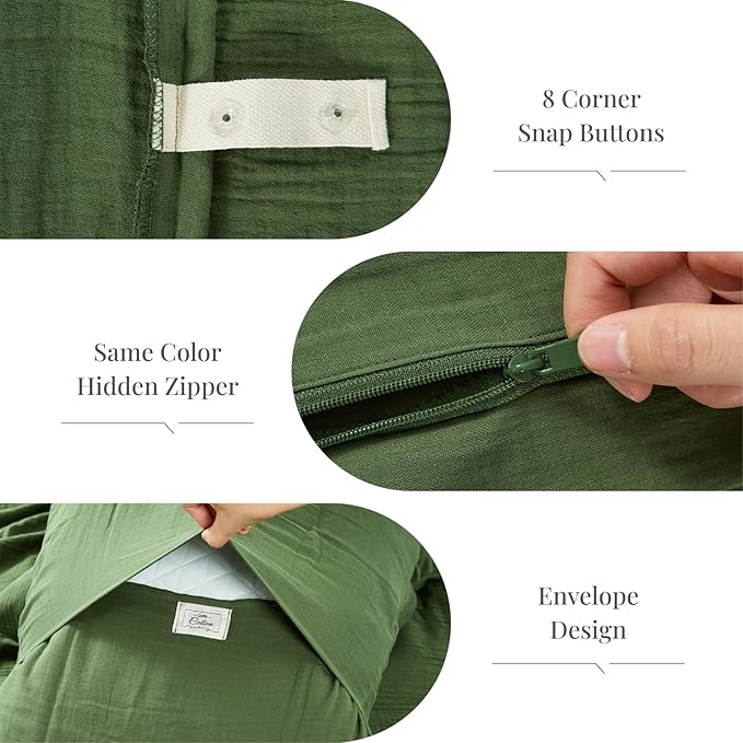 Green Duvet Cover Queen Size, 100% Sandwashed Cotton Soft Queen Duvet Cover Set 3 Pieces with Zipper Clousre & Corner Buttons (Green, Queen 90 x 90)