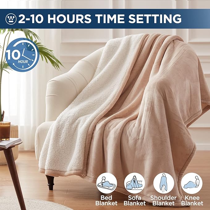 Westinghouse Heated Throw Blanket, Electric Blanket Throw with 6 Heating Levels and 2-10 Hours Time Settings, Flannel to Sherpa Super Cozy Heated Blanket Machine Washable, 50x60 inch, Beige