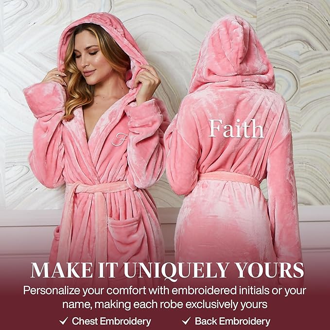 Lotus Linen Plush Robes for Women - Soft Bathrobe, Custom Monogram, Warm Fleece Robe with Pockets