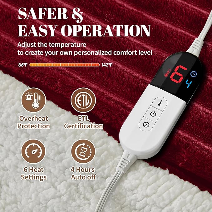 Electric Heated Throw Blanket - 50"x60" Fast Heating Bed Blankets with 6 Heating Levels & 4 Hours Auto Off, Soft Ribbed Flannel Sherpa, Over-Heated Protection ETL, Red