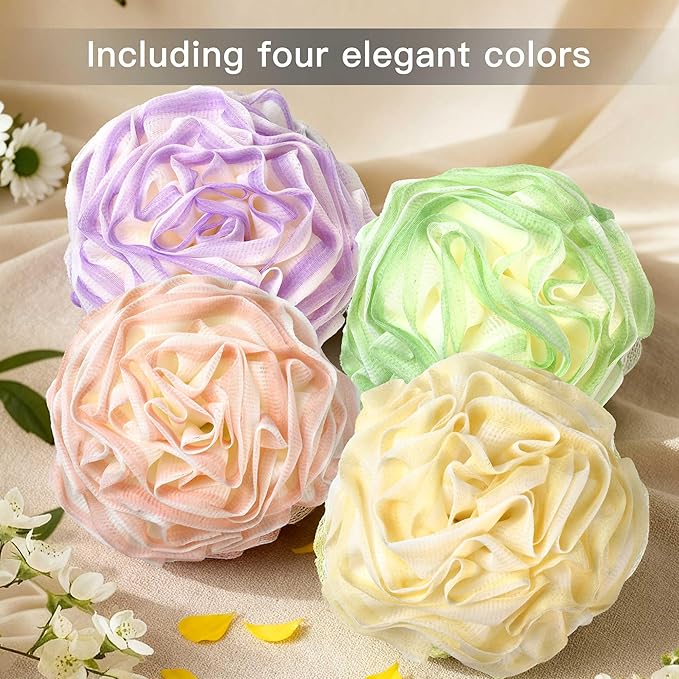Large Bath Sponge Pouf 70g, 6.3 Inch Exfoliating Shower Loofah, Soft Durable PE Mesh with Reinforced Knotting, Rich Lather Body Wash Scrubber, 4-Pack Elegant Colors Gift Set（B-4Pcak）