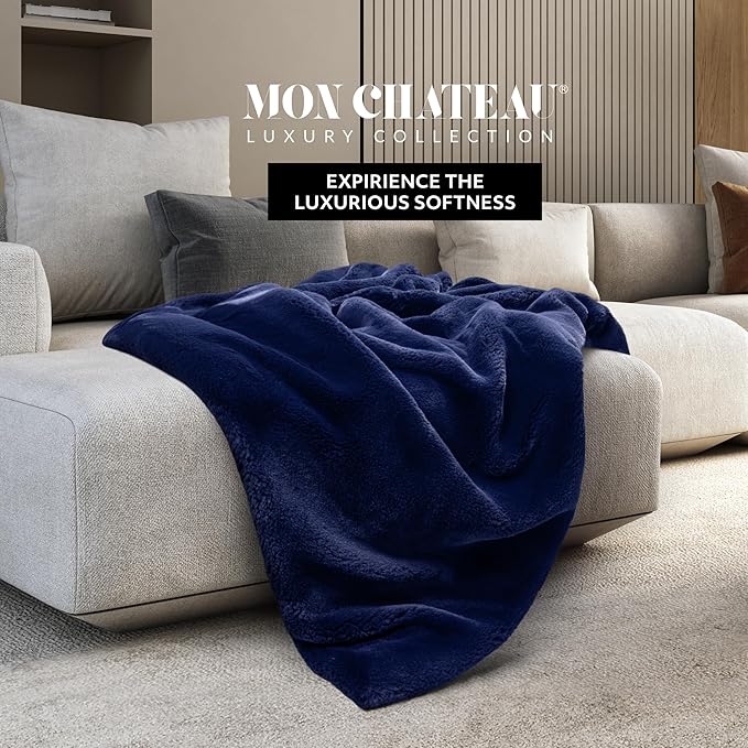 Mon Chateau 60" x 70" Embrace Foldover Faux Fur Throw, Plush Throw with 6cm Foldover for Couch, Sofa, or Bed, Ultra Soft Blanket for Sleeping or Home Decor, Midnight Tide
