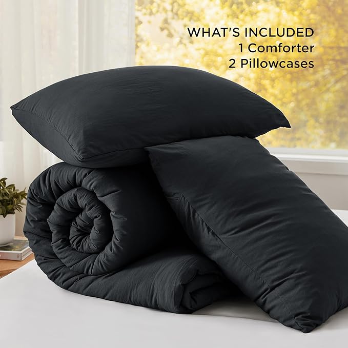 Bedsure California King Size Comforter Set, Black Soft Prewashed Bedding for All Seasons, 3 Pieces GentleSoft™ Down Alternative Bed Set, 1 Lightweight Comforter (104"x96") and 2 Pillowcases (20"x36")
