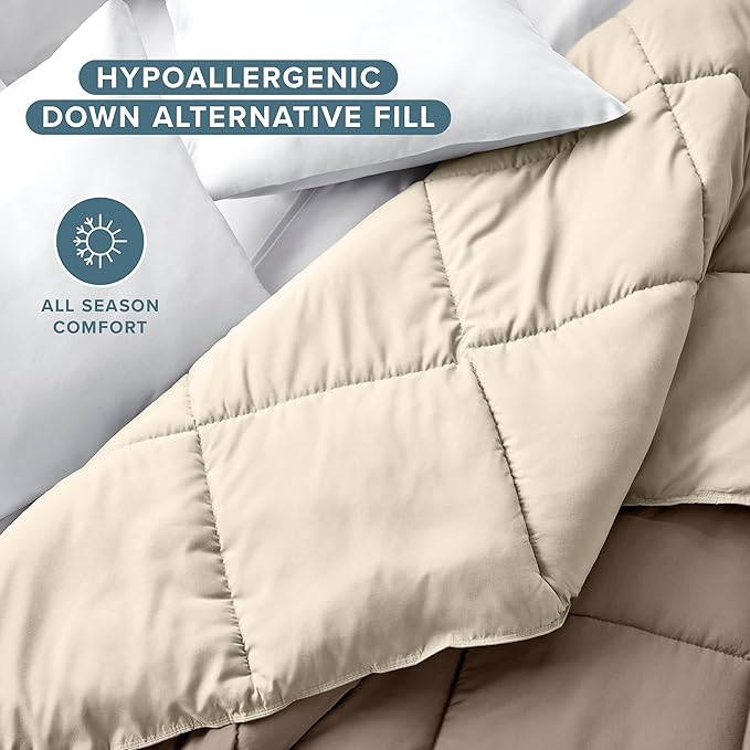 Bare Home Queen Comforter - Reversible Colors - Goose Down Alternative - Ultra-Soft - Premium 1800 Series - All Season Warmth - Bedding Comforter (Queen, Taupe/Sand)