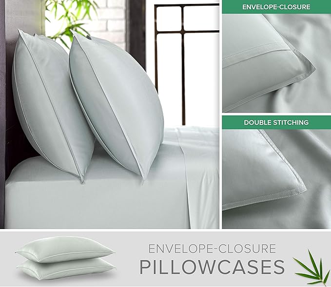 Queen Sheets by Pure Bamboo, Genuine 100% Organic Viscose Derived from Bamboo Bed Sheet Set, Luxuriously Soft & Cooling, Double Stitching, Lifetime Quality Promise (Queen, Sea Glass)