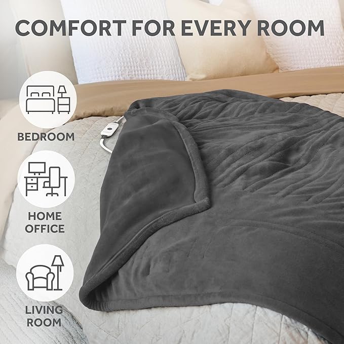 Sunbeam Electric Throw Royal Luxe Microplush Heated Blanket, 4 Heat Settings, 4-Hour Auto Shut-Off, Fast Heating, Warm and Cozy, Dove Grey Color, 50" x 60"