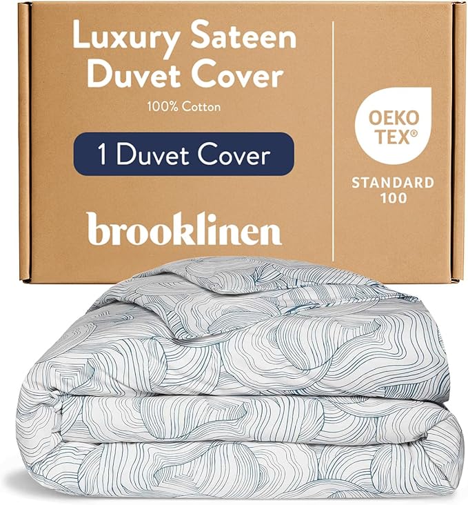 Brooklinen Luxury Sateen Duvet Cover - 100% Cotton, Full/Queen Size in Oyster Blue with Extra-Long Corner Ties and Button Closure - Best Full/Queen Duvet Covers