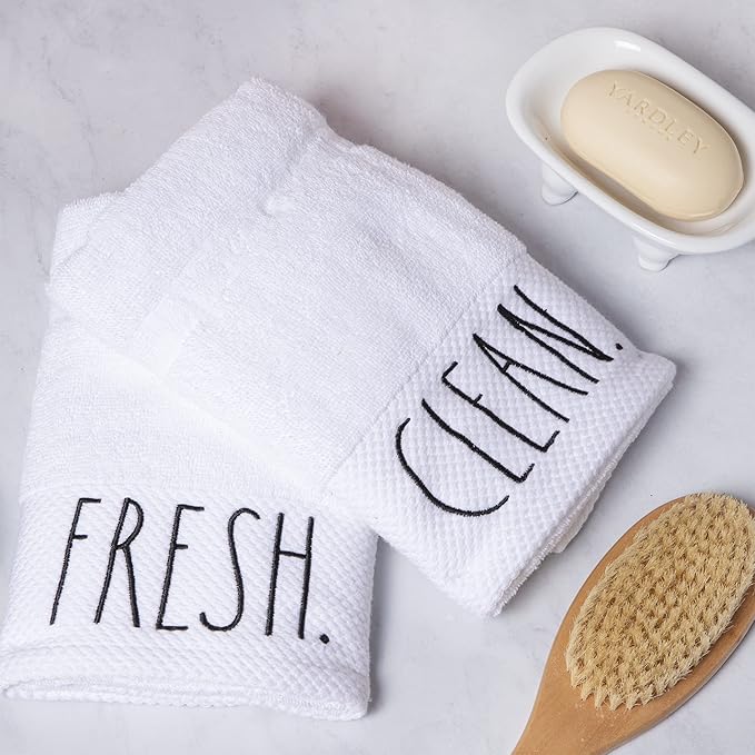 Rae Dunn Hand Towels, Embroidered Decorative Hand Towel for Kitchen and Bathroom, 100% Cotton, White- Fresh/Clean, 16"x 28"