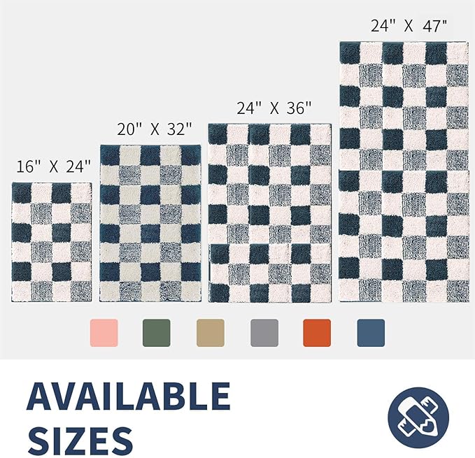 CozeCube Bath mats for Bathroom Non Slip, Fluffy Absorbent Microfiber Bath mat Washable, Aesthetic Bathroom Rugs, Large Navy Blue Checkered Bath mat, Navy Blue, 36" x 24"