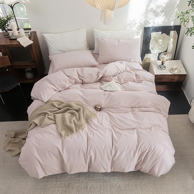 FOSSA Duvet Cover Set 100% Washed Cotton Linen Feel Super Soft Breathable Cozy 3 Pieces Bedding Sets Solid Greyish Pink Queen