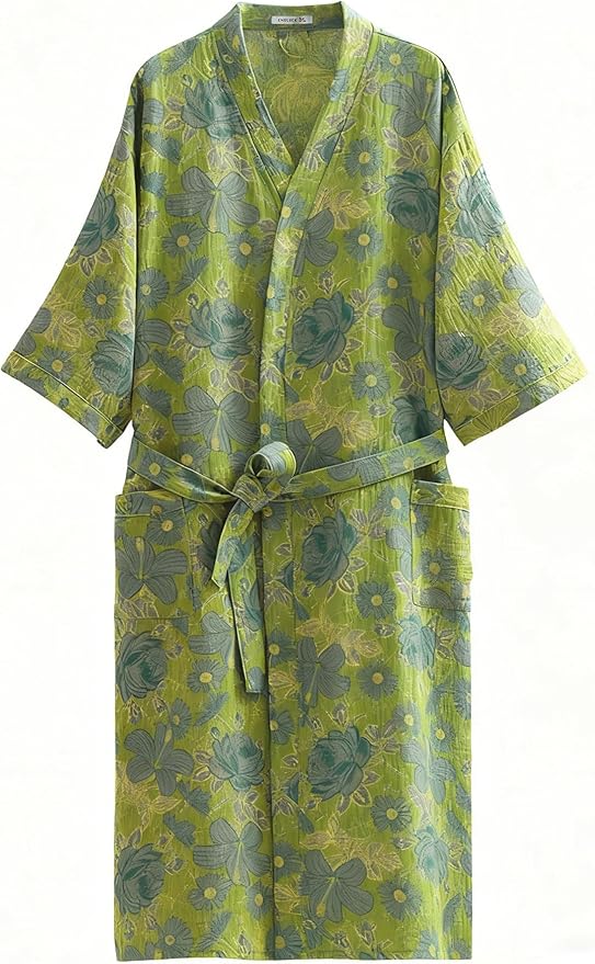 Women Cotton Double Gauze Jacquard Kimono Robe Bathrobe with Belt Pocket Comfortable Loungewear Yukata Sleepwear