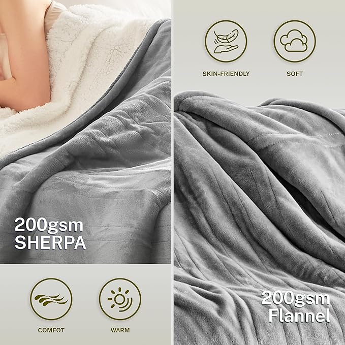 Heat Blanket 50”x60” Throw,Soft Flannel & Sherpa Reversible Electric Blanket with 10 Heat Settings,12 Timer Setting and 3 Hours Auto-Shut Off,ETL Certified Machine Washable,Light Grey