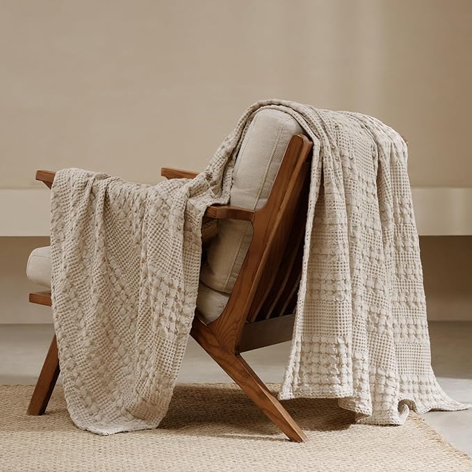 PHF 100% Cotton Waffle Weave Throw Blanket, Soft Lightweight Breathable Cozy Throws for Couch Bed Sofa, Luxury Aesthetic Woven Blanket for Home Decor & Office, 50"x60", Oatmeal