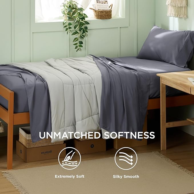 Bedsure Twin XL Sheet Set Dorm Bedding, Cooling Sheets Twin Extra Long Sheets, Rayon Derived from Bamboo, Deep Pocket Up to 16", Hotel Luxury Silky Bedding Sheets & Pillowcases, Dark Grey