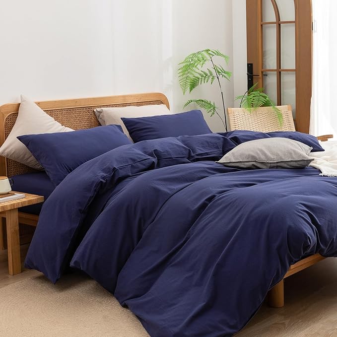 BESTOUCH Duvet Cover Set 100% Washed Cotton Linen Feel Super Soft Comfortable Chic Lightweight 3 PCs Home Bedding Set Solid Navy Blue Cal King