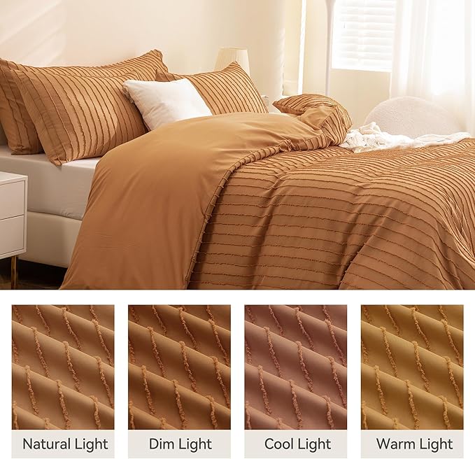 JELLYMONI Duvet Cover Full Size Rust - 3PCS Boho Striped Duvet Cover Set Polyester Tufted Bohemian Textured Comforter Cover 80×90in with Corner Ties & Zipper and 2 Pillowcases