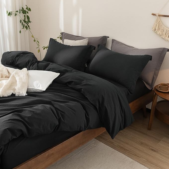 Black Duvet Cover Super Queen Size 100% Washed Cotton Bedding Set Cover 1 Duvet Cover with Zipper Closure and 2 Pillowcases, 98inch x 90inch