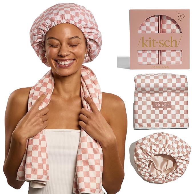 Kitsch Love & Comfort 2PC Spa Set - Satin Lined Reusable Waterproof Shower Cap and XL Quick Dry Hair Towel Wrap for Women, Microfiber Towel, Flexi Shower Cap For All Hair Types - Terracotta Checker