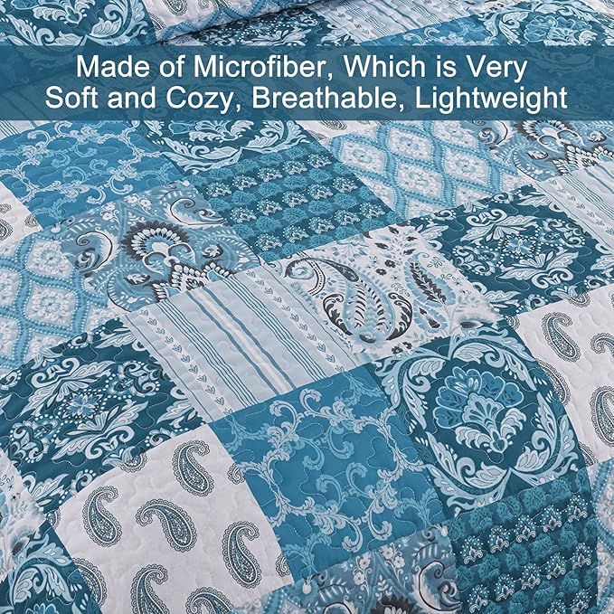 WONGS BEDDING Boho Quilt Set Queen Size,Teal Blue Plaid Patchwork Bedspread Bedding Set Soft Microfiber Quilt for Queen Bed Reversible 3 Pieces Coverlet Set for All Season (96"x90")