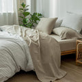 MooMee Bedding Sheet Set 100% Washed Cotton Linen Like Textured Breathable Durable Soft Comfy (Heathered Khaki, Queen)