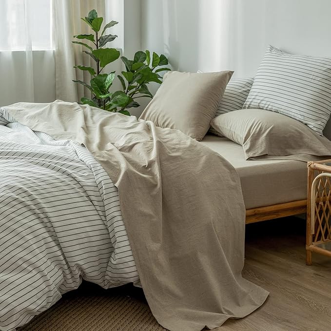 MooMee Bedding Sheet Set 100% Washed Cotton Linen Like Textured Breathable Durable Soft Comfy (Heathered Khaki, Queen)